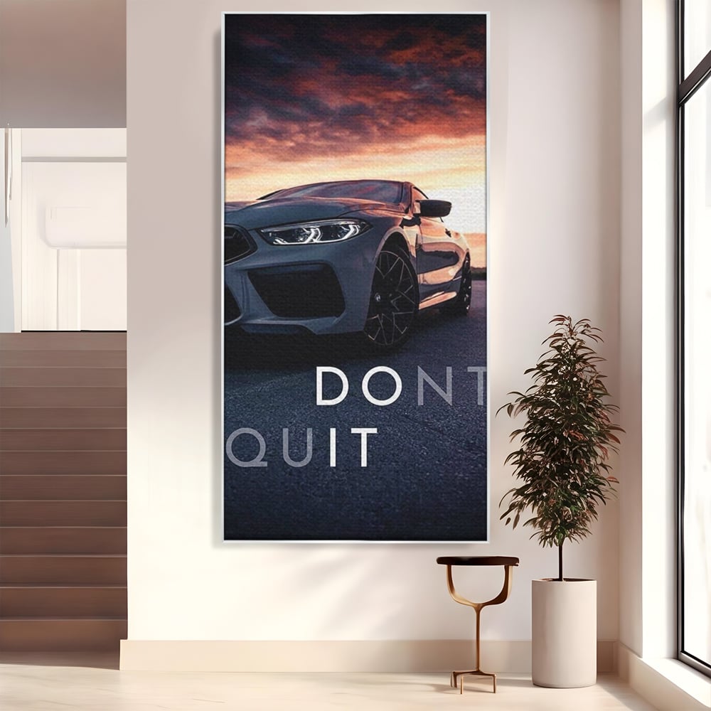 Tablou canvas cu tablou canvas cu masina sport si mesaj, in rama de aluminiu argintiu